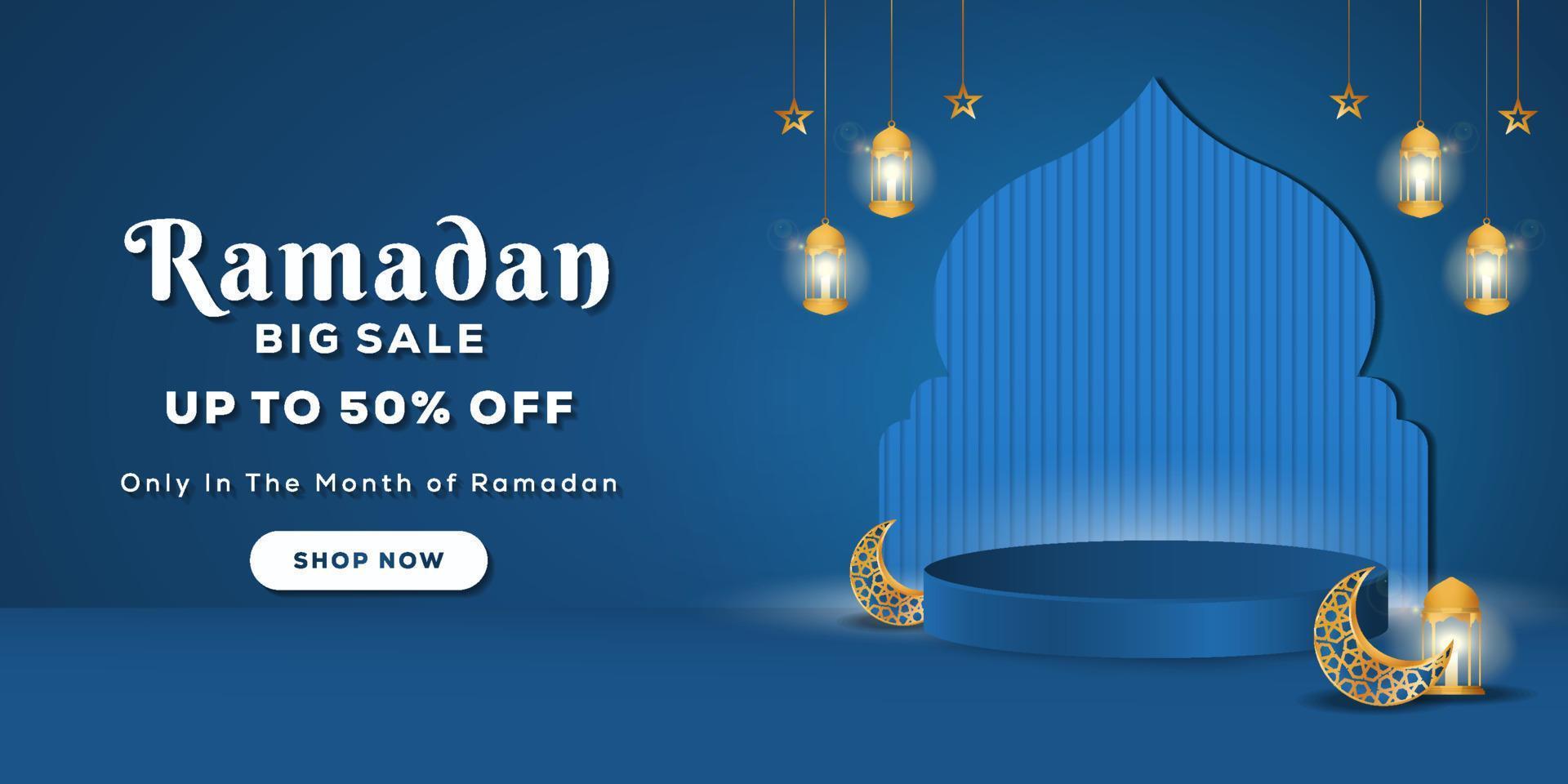 bannière d'affiche de promotion de grande vente de ramadan avec un podium pour le produit d'affichage vecteur