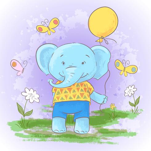 Éléphant de bébé mignon dessin animé carte postale illustration avec un ballon. Imprimé pour les vêtements ou la chambre des enfants vecteur