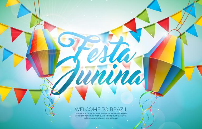 Festa Junina Illustration avec drapeaux de fête et lanterne en papier sur fond bleu. Conception de festival de vecteur Brésil juin