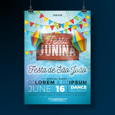 Festa Junina Party Flyer Illustration avec la conception de la typographie sur une planche en bois vintage. Drapeaux et lanterne en papier sur fond de ciel bleu. Conception de festival de vecteur Brésil juin
