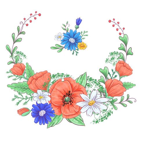 Ensemble de coquelicots rouges et de marguerites. Dessin à main levée. Illustration vectorielle vecteur