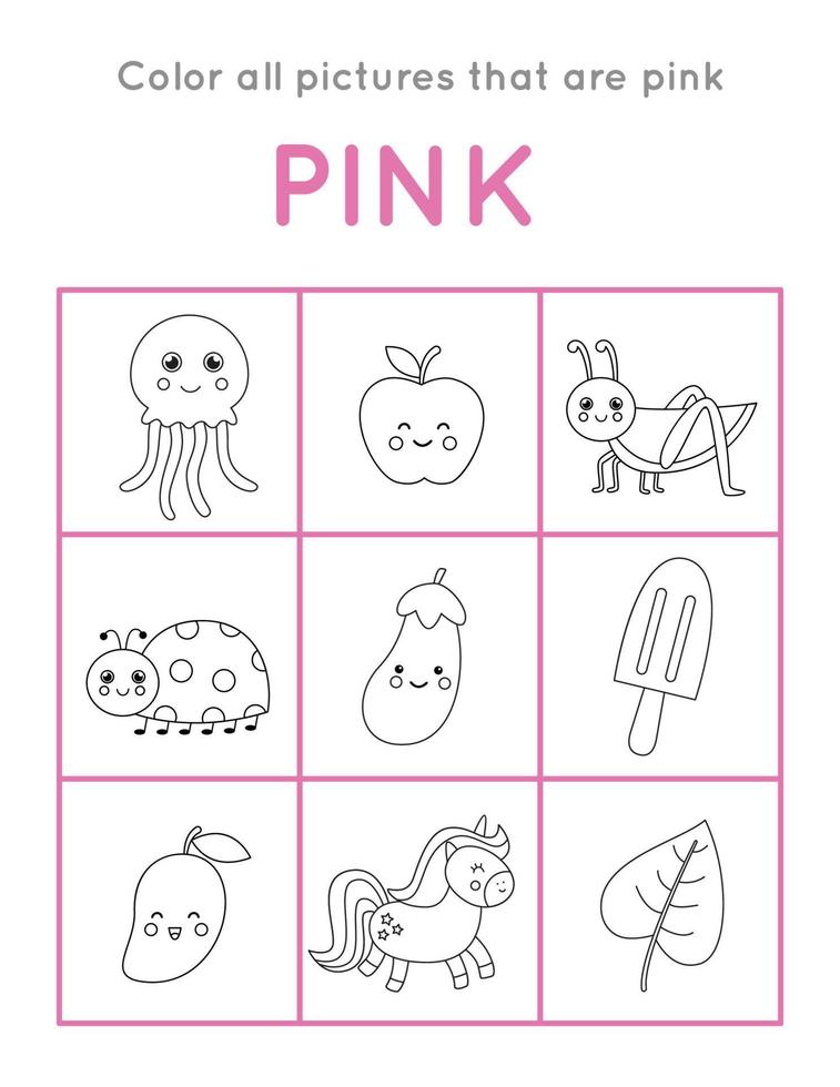 colorie tous les objets en rose. apprendre les couleurs de base pour les enfants. vecteur