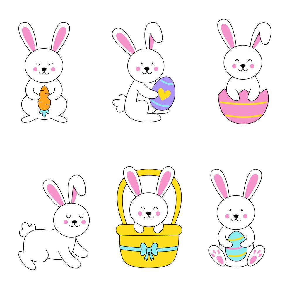 ensemble de lapins de pâques mignons en style cartoon. vecteur