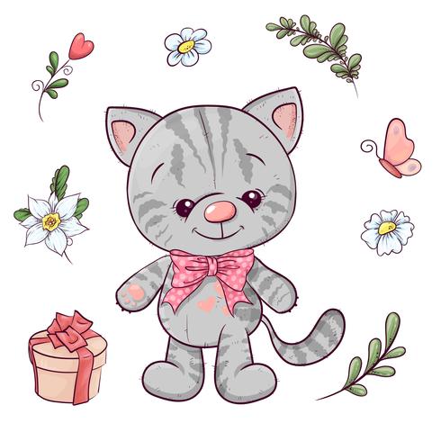 Ensemble de petit chat et de fleurs. Dessin à main levée. Illustration vectorielle vecteur