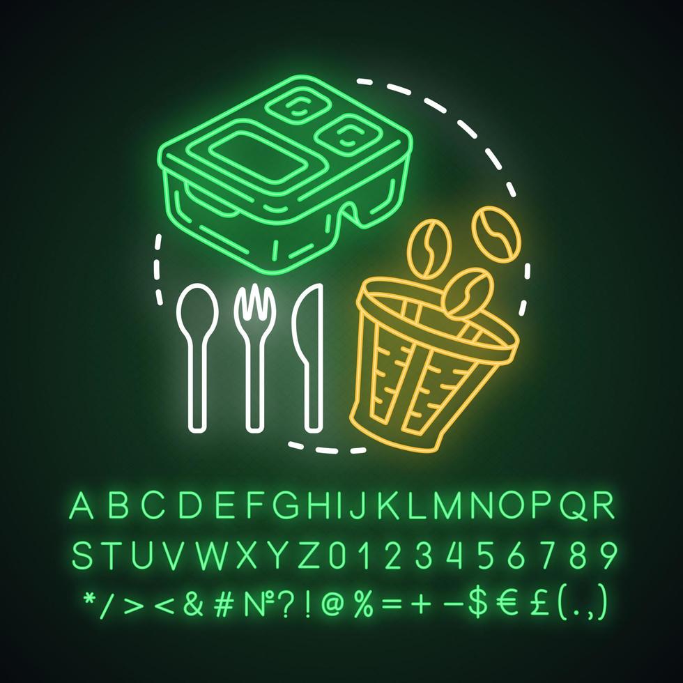 cuisine zéro déchet, icône de concept de lumière néon de gestion des déchets. filtre à café réutilisable, couverts, idée de récipient. signe lumineux avec alphabet, chiffres et symboles. illustration vectorielle isolée vecteur