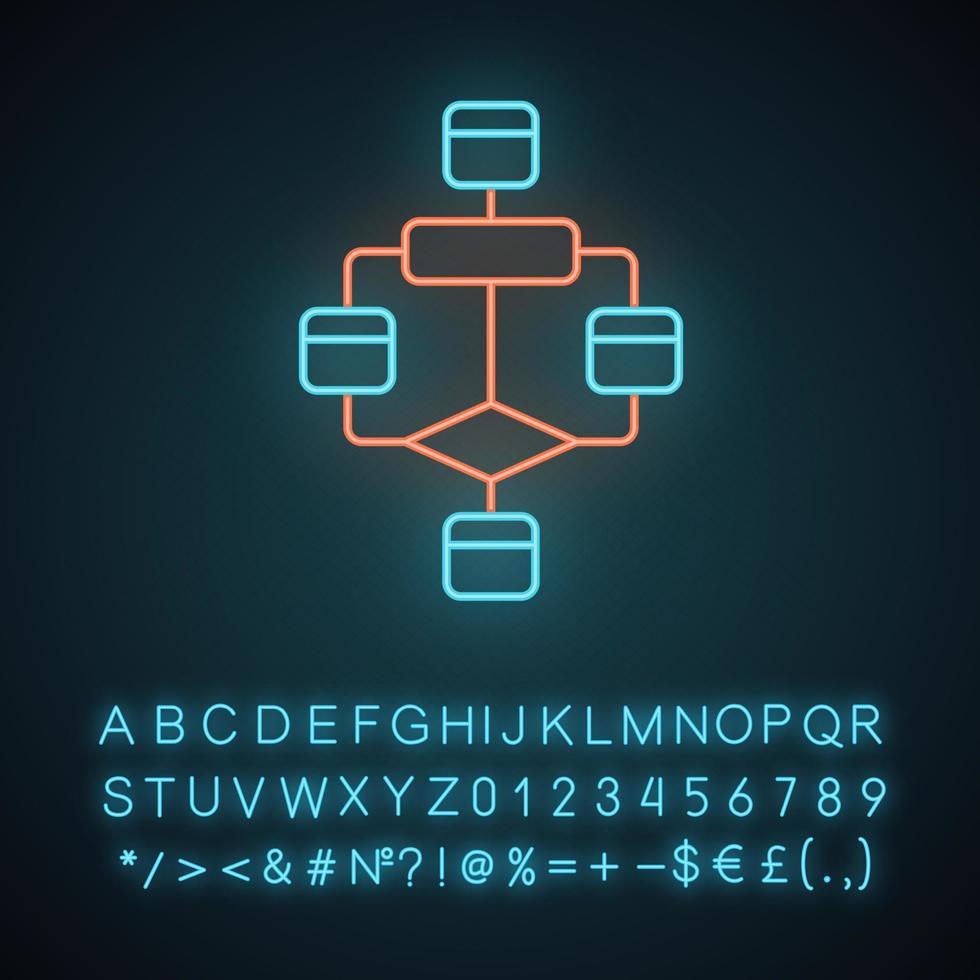 icône de néon d'organigramme. diagramme. visualisation du processus. étapes de résolution de problèmes. séquence logique du programme. signe lumineux avec alphabet, chiffres et symboles. illustration vectorielle isolée vecteur