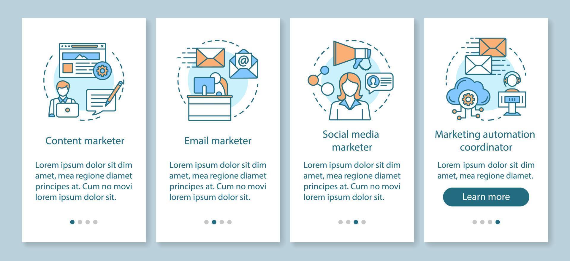 écran de page d'application mobile d'intégration de spécialités de marketing numérique avec des concepts linéaires. contenu, instructions graphiques pas à pas pour les spécialistes du marketing par e-mail. ux, ui, modèle vectoriel gui avec illustrations