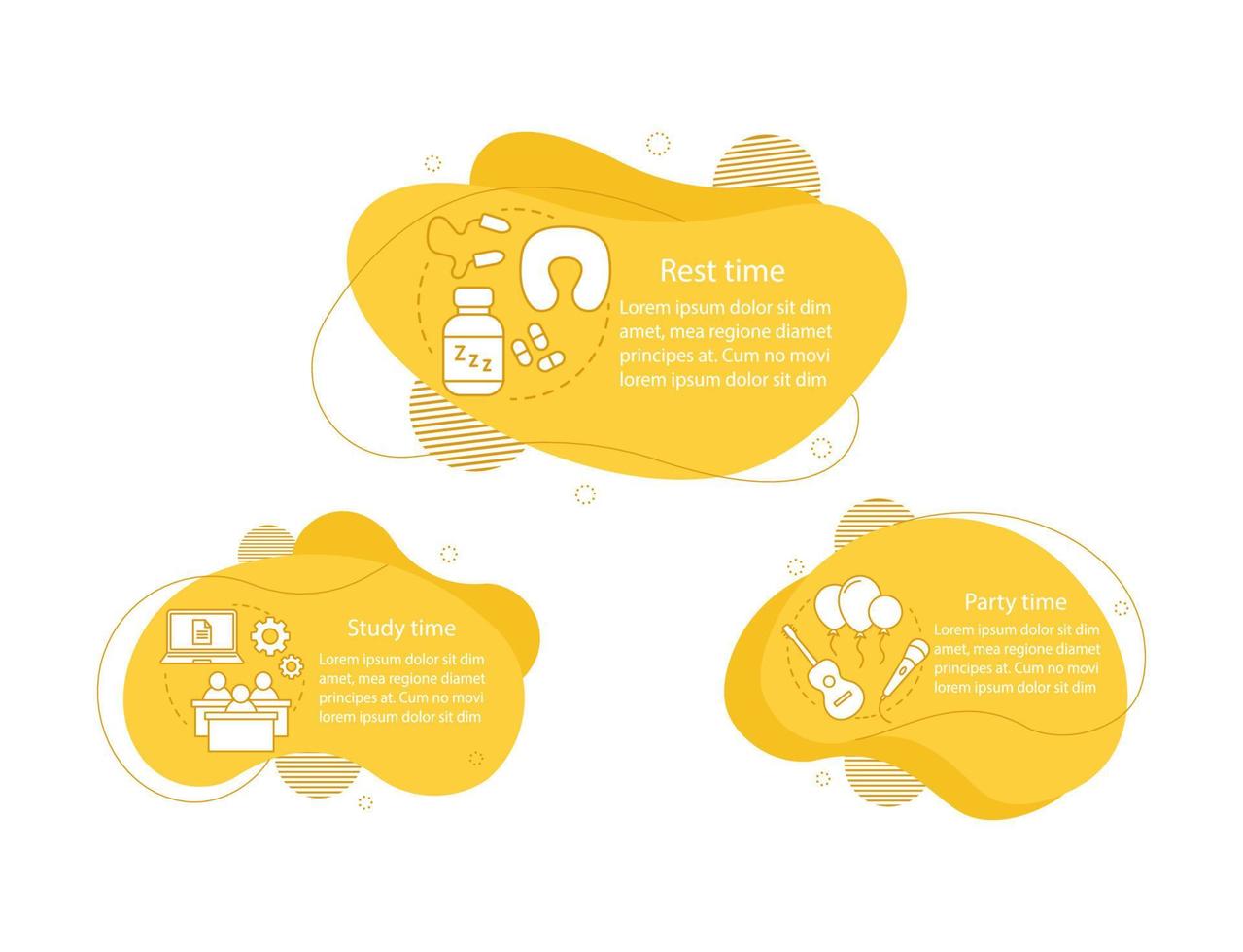 illustrations de concept d'étude, de fête et de temps de repos. infographie de l'horaire quotidien des étudiants. vie courante. éléments fluides avec texte et icônes linéaires. trois étapes de bulles ondulées. présentation, bannière cliparts vecteur