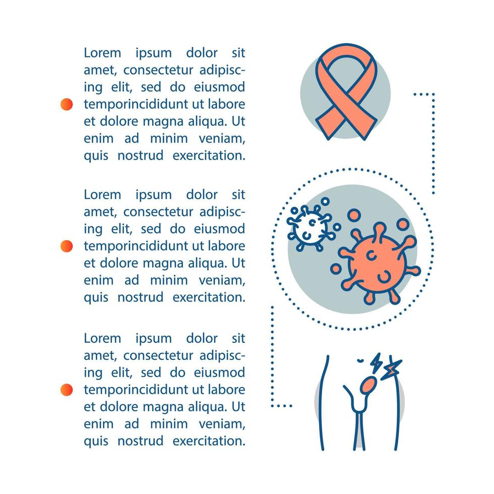 modèle vectoriel de page d'article sur le cancer. oncologie. sensibilisation au cancer de la prostate. brochure, magazine, élément de conception de livret avec icônes linéaires, zones de texte. design d'impression. illustrations de concept avec espace de texte