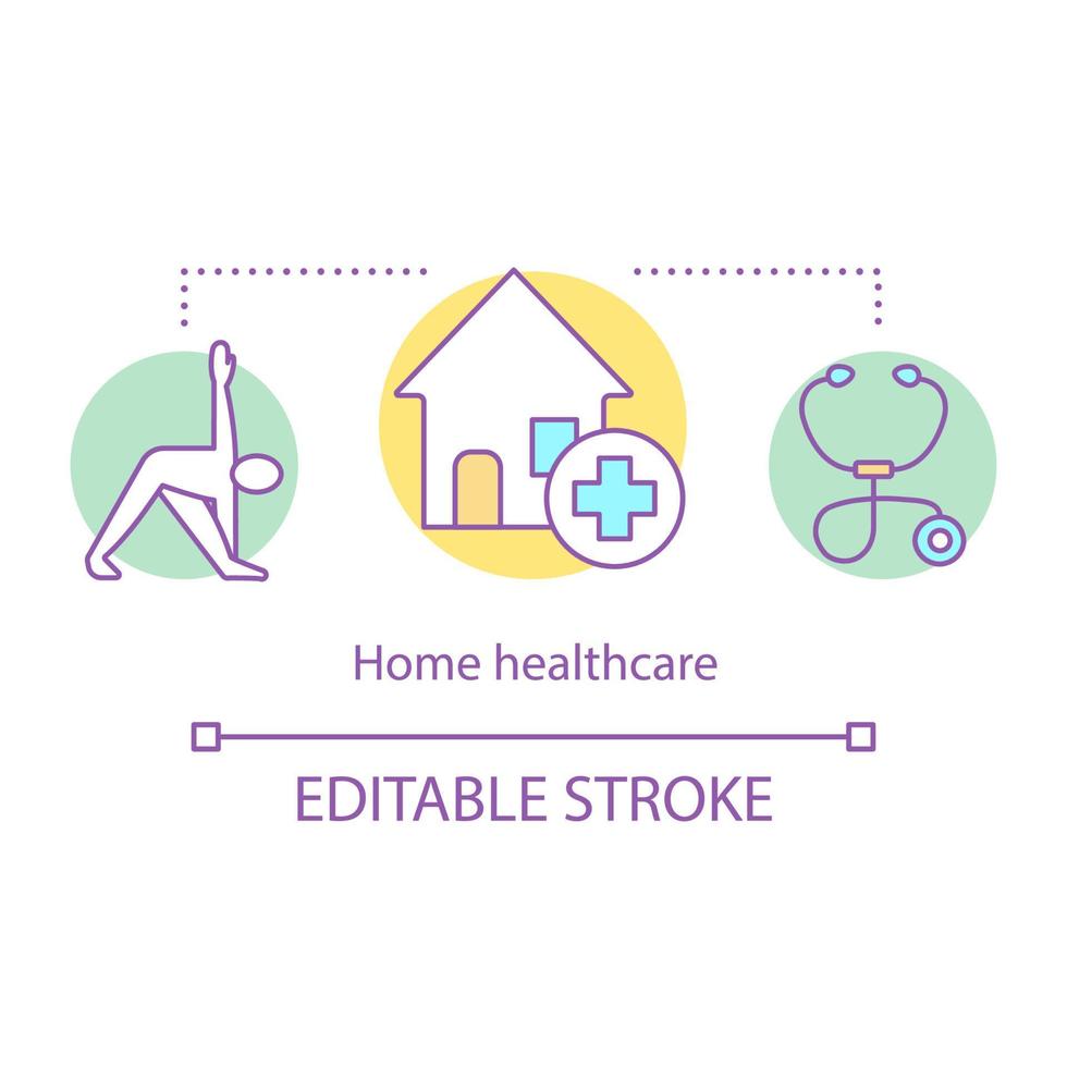 icône de concept de soins de santé à domicile. illustration de fine ligne d'idée d'aide médicale. service infirmier. appel à domicile chez le médecin. thérapie physique. blessure, traitement des traumatismes. dessin de contour isolé de vecteur. trait modifiable vecteur