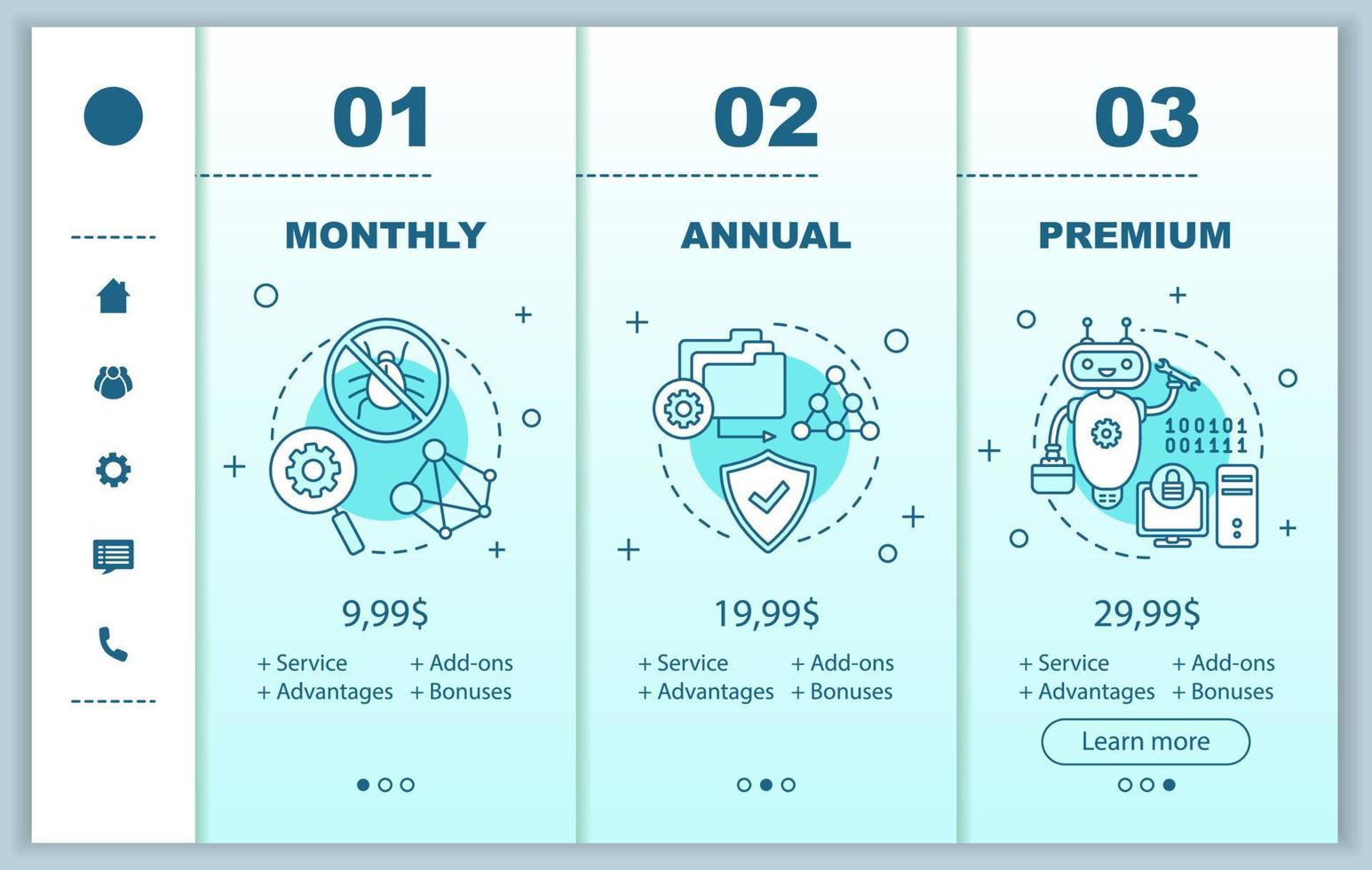 frais d'abonnement au logiciel antivirus embarquant des écrans d'application mobile avec des prix de service. modèles de pages de site Web pas à pas. logiciels espions, plans tarifaires du programme anti-malware, étapes tarifaires. paiement par smartphone vecteur