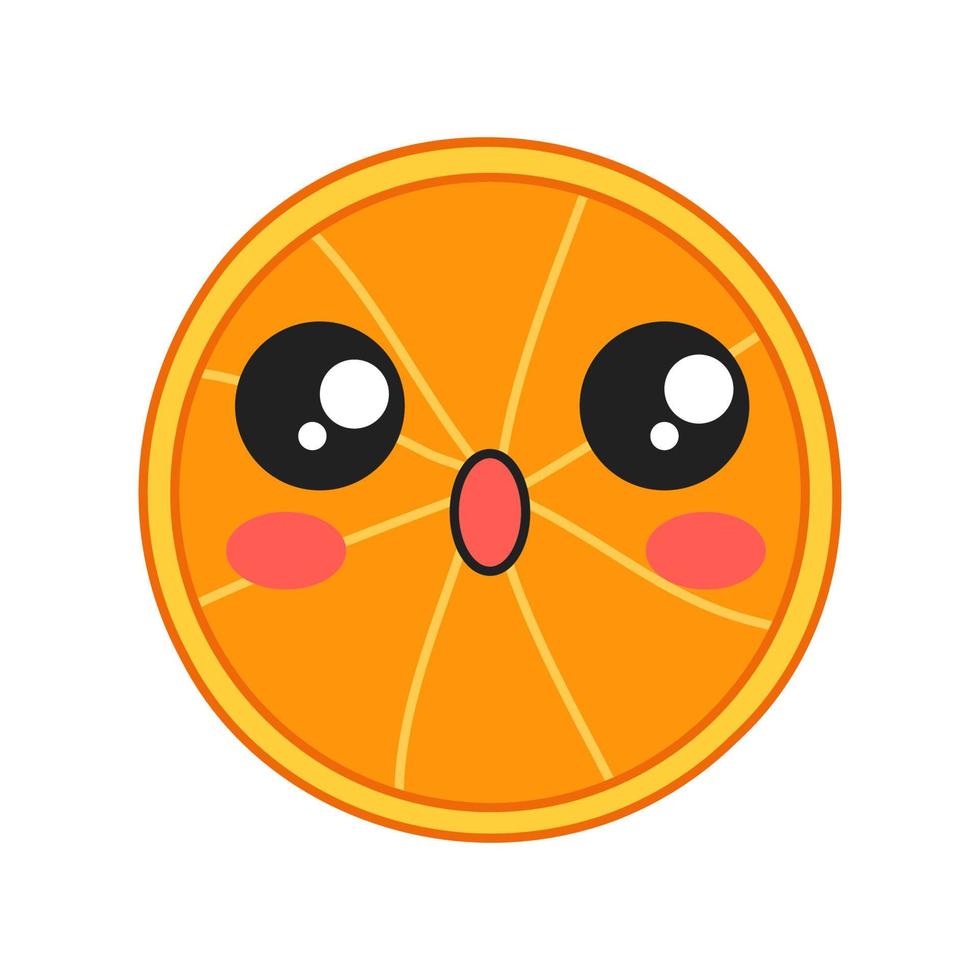 caractère de vecteur kawaii mignon orange. fruit étonné à bouche ouverte. nourriture angoissée. emoji drôle, émoticône, surpris. illustration de couleur de dessin animé isolé