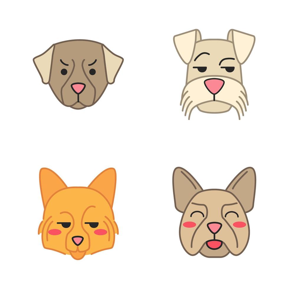 chiens personnages vectoriels kawaii mignons. animaux aux museaux souriants. bouledogue français qui rit. mini schnauzer souriant et spitz allemand. emoji drôle, ensemble d'émoticônes. illustration de couleur de dessin animé isolé vecteur