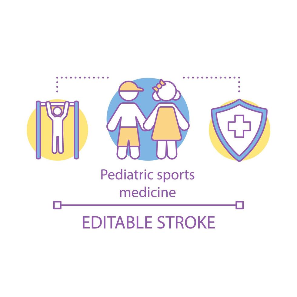 icône de concept de médecine sportive pédiatrique. orthopédie et traumatologie. rééducation des enfants, thérapie physique. icône de fine ligne d'idée de service de garde d'enfants. dessin de contour isolé de vecteur. trait modifiable vecteur