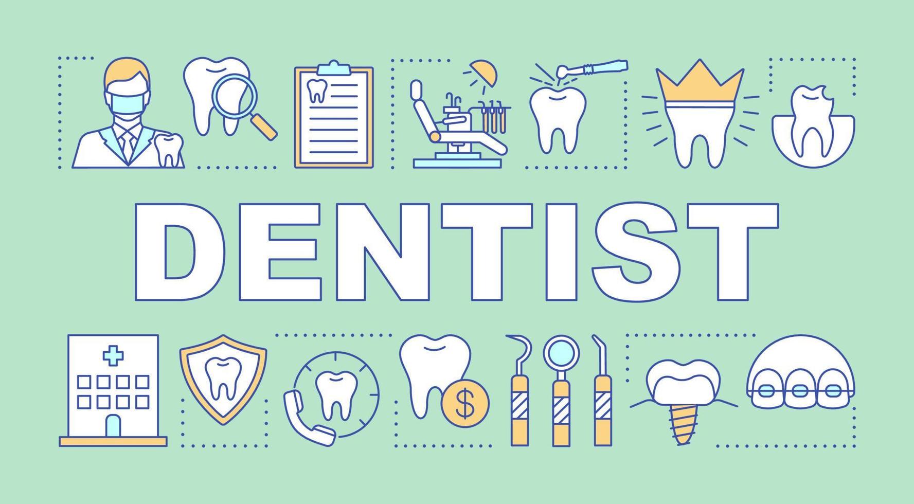 bannière de concepts de mot dentiste. cabinet dentaire, prévention des caries, dentisterie, bilan de santé, soins dentaires. présentation, site internet. idée de typographie de lettrage isolé avec icône linéaire. illustration de contour de vecteur