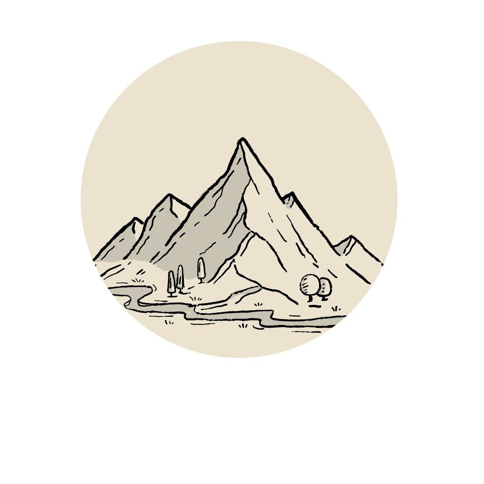 montagnes dans le style de gravure. logo du paysage des hautes terres et pic en cercle. conception dessinée à la main. crête rocheuse. vecteur