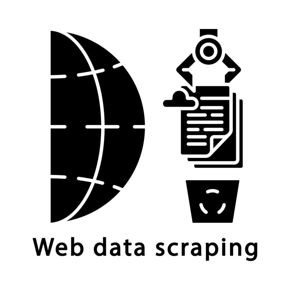 icône de glyphe de grattage de données Web. grattage d'écran. extracteur de données Web. rpa. moissonnage web. nettoyage automatique du stockage en nuage. symbole de la silhouette. espace négatif. illustration vectorielle isolée vecteur