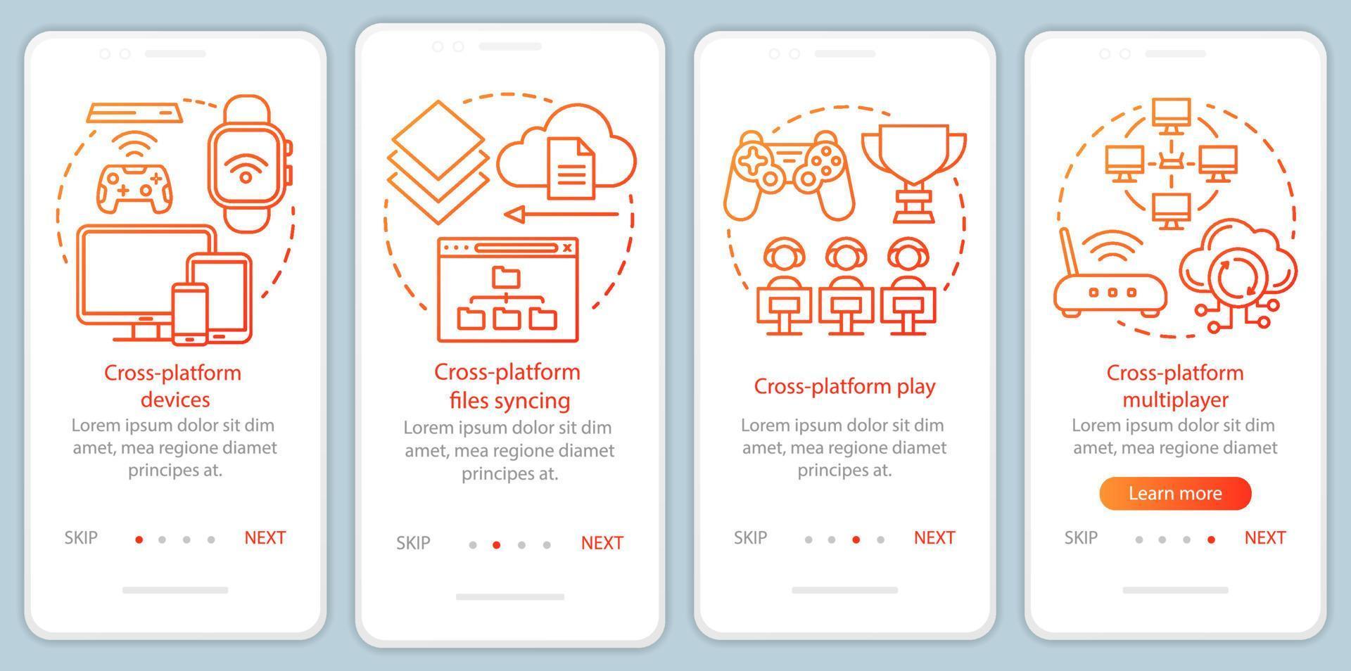 modèle vectoriel d'écran de page d'application mobile d'intégration multijoueur multiplateforme. en ligne, jeux en nuage. étapes du site Web pas à pas avec des illustrations linéaires. concept d'interface de smartphone ux, ui, gui