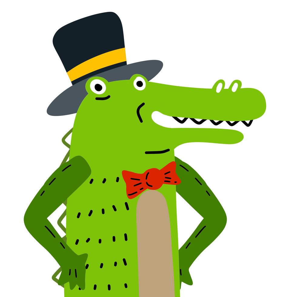 personnage de crocodile mignon marchant avec canne et chapeau haut de forme illustration vectorielle vecteur