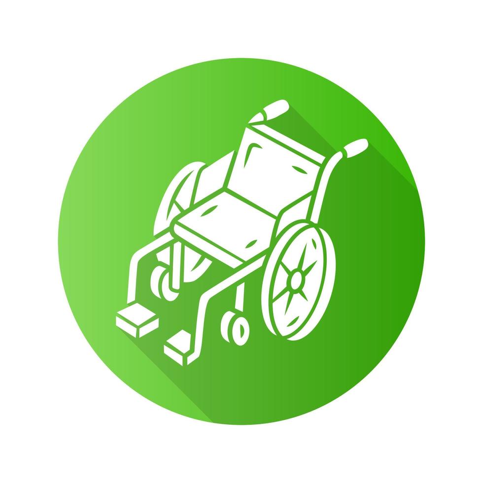 icône de glyphe d'ombre longue de conception plate de fauteuil roulant manuel. fauteuil roulant, aide à la mobilité pour personnes handicapées, invalides ayant des besoins spéciaux. équipement hospitalier handicapé. illustration de silhouette vectorielle vecteur