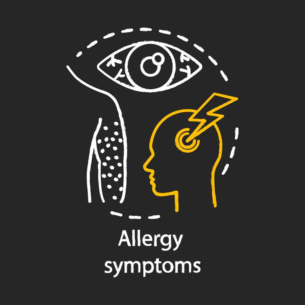 icône de concept de craie de symptômes d'allergie. réactions de l'organisme à l'idée des allergènes. éruption cutanée, urticaire, conjonctivite allergique, migraine. illustration de tableau isolé de vecteur