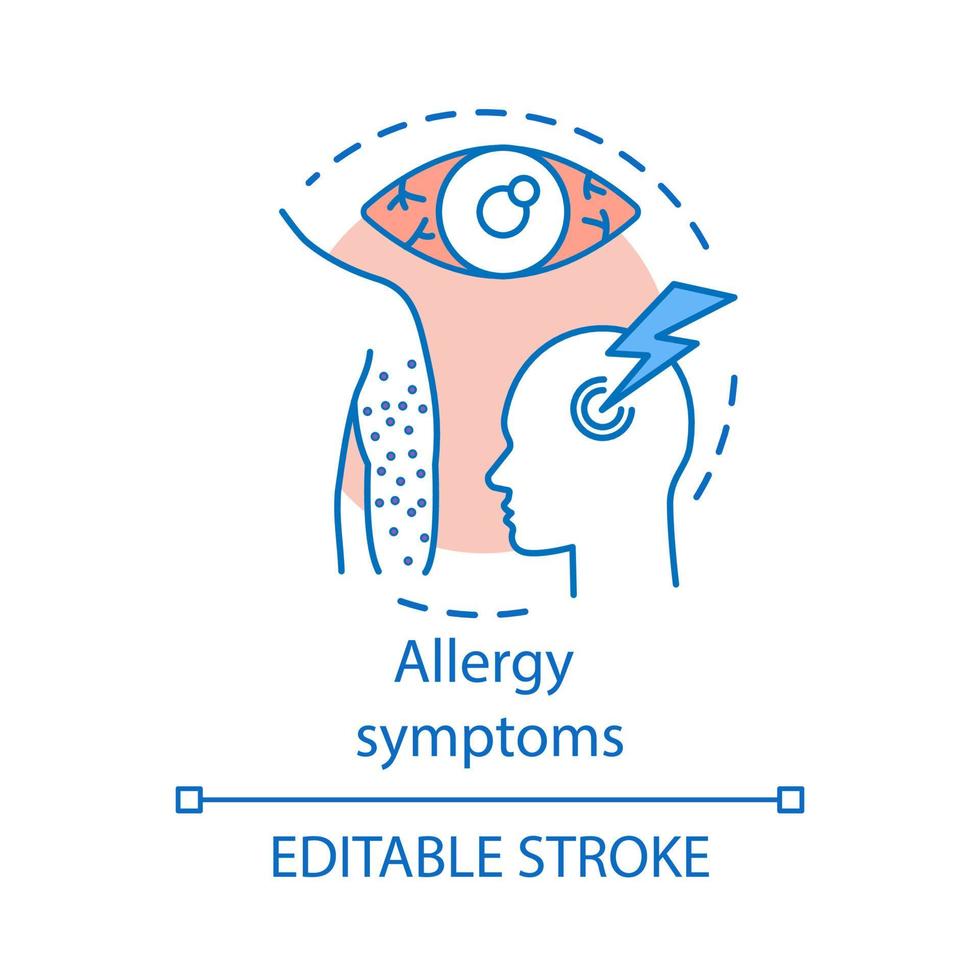 icône de concept de symptômes d'allergie. réactions de l'organisme aux allergènes idée illustration de la ligne mince. éruption cutanée, urticaire, conjonctivite allergique, migraine. dessin de contour isolé de vecteur. trait modifiable vecteur