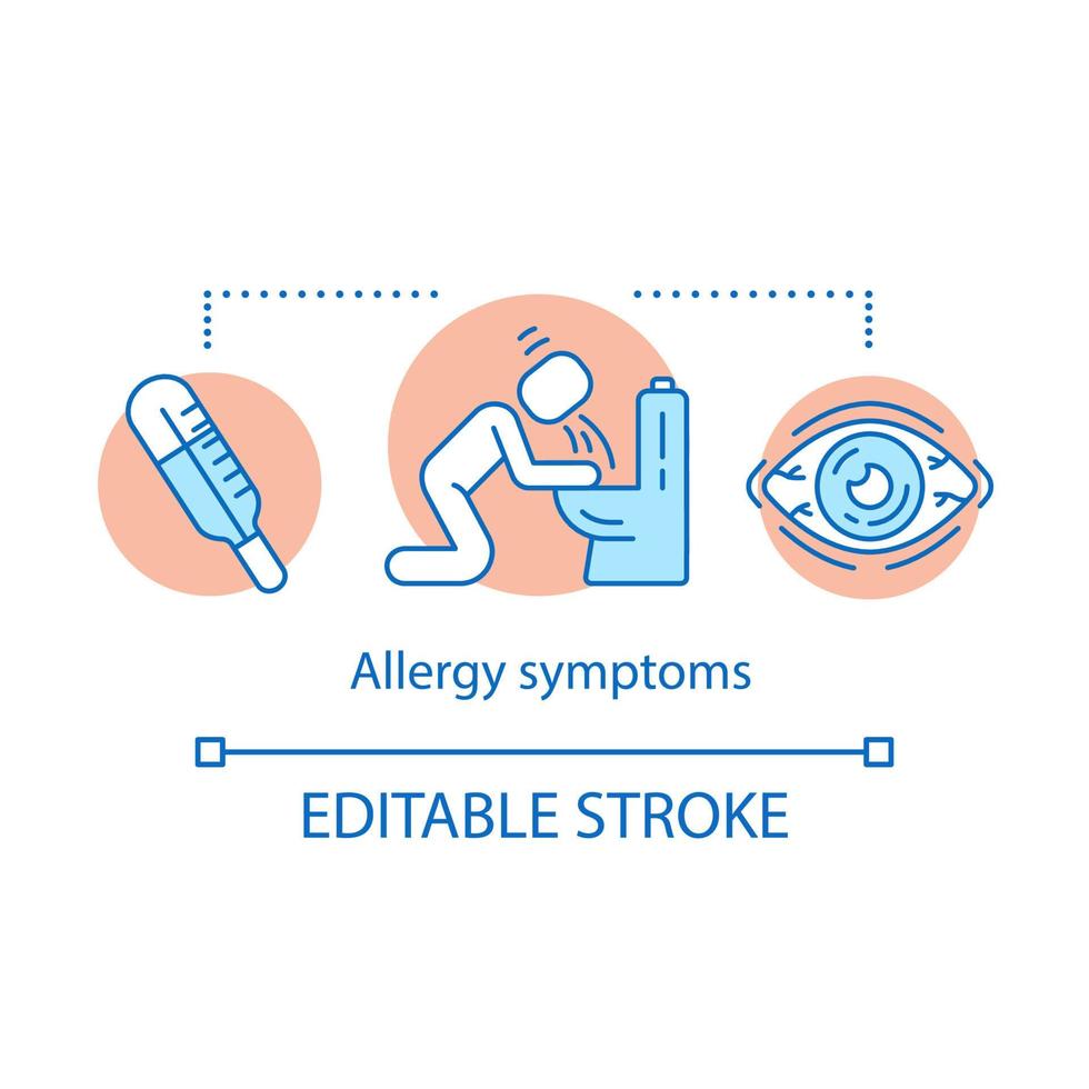icône de concept de symptômes d'allergie. réactions de l'organisme aux allergènes idée illustration de la ligne mince. fièvre, vomissements, conjonctivite allergique. problèmes de santé. dessin de contour isolé de vecteur. trait modifiable vecteur