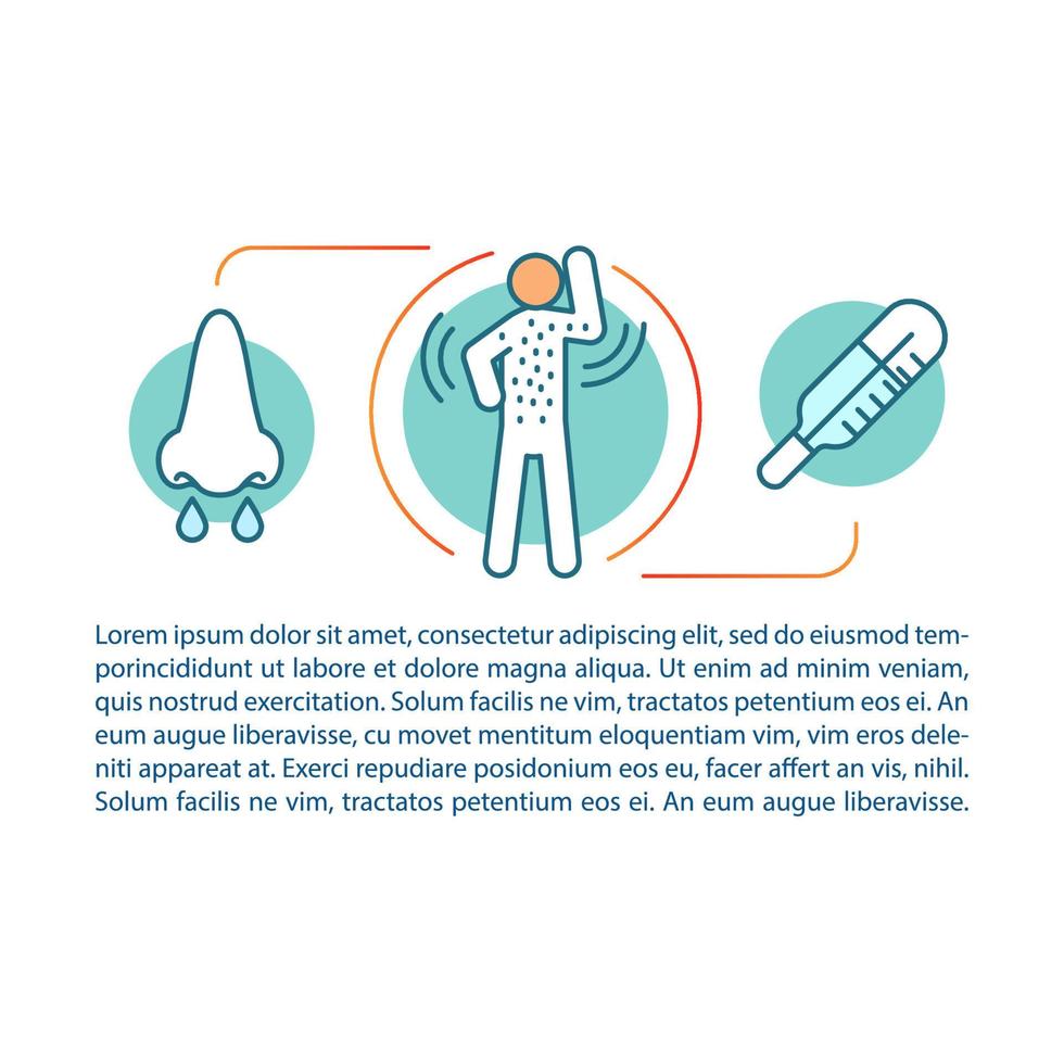 modèle vectoriel de page d'article sur les symptômes d'allergie. éruption cutanée, fièvre, rhinite. brochure, magazine, élément de conception de livret avec icônes linéaires, zones de texte. design d'impression. illustrations de concept avec espace de texte