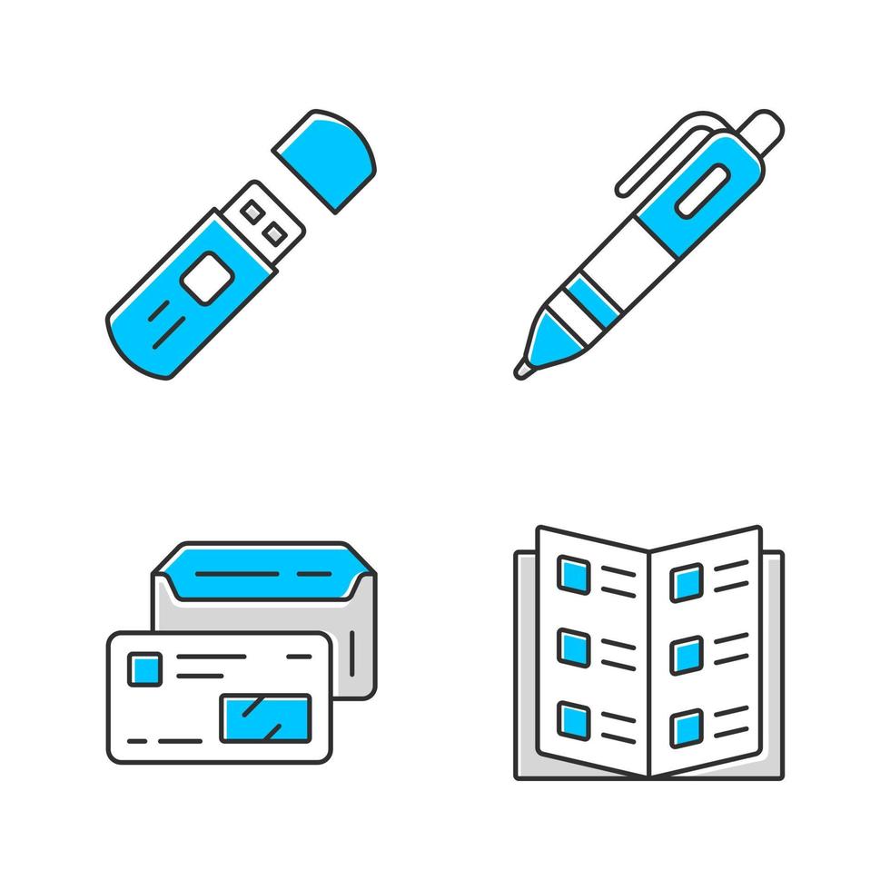 ensemble d'icônes de couleur d'attributs de travail de bureau. accessoires d'affaires pack d'illustrations vectorielles isolées. kit de travailleur d'entreprise. clé USB, stylo automatique, catalogue d'entreprise et enveloppe avec carte d'identité vecteur