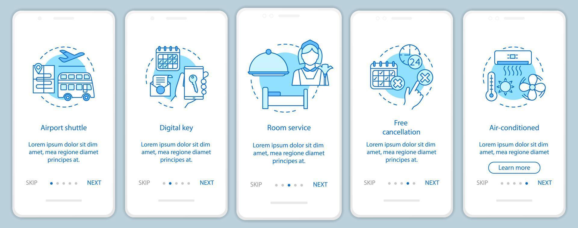 modèle de vecteur d'écran de page d'application mobile d'intégration des services hôteliers. navette aéroport, annulation gratuite. étapes du site Web pas à pas avec des illustrations linéaires. concept d'interface de smartphone ux, ui, gui