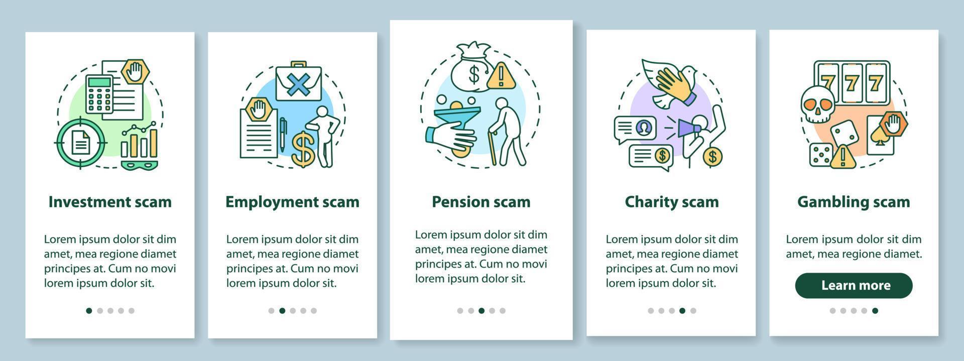 écran de page d'application mobile d'intégration des types d'escroquerie avec des concepts linéaires. instructions graphiques en cinq étapes. fraude à l'investissement et à l'emploi. ux, ui, modèle vectoriel gui avec illustrations