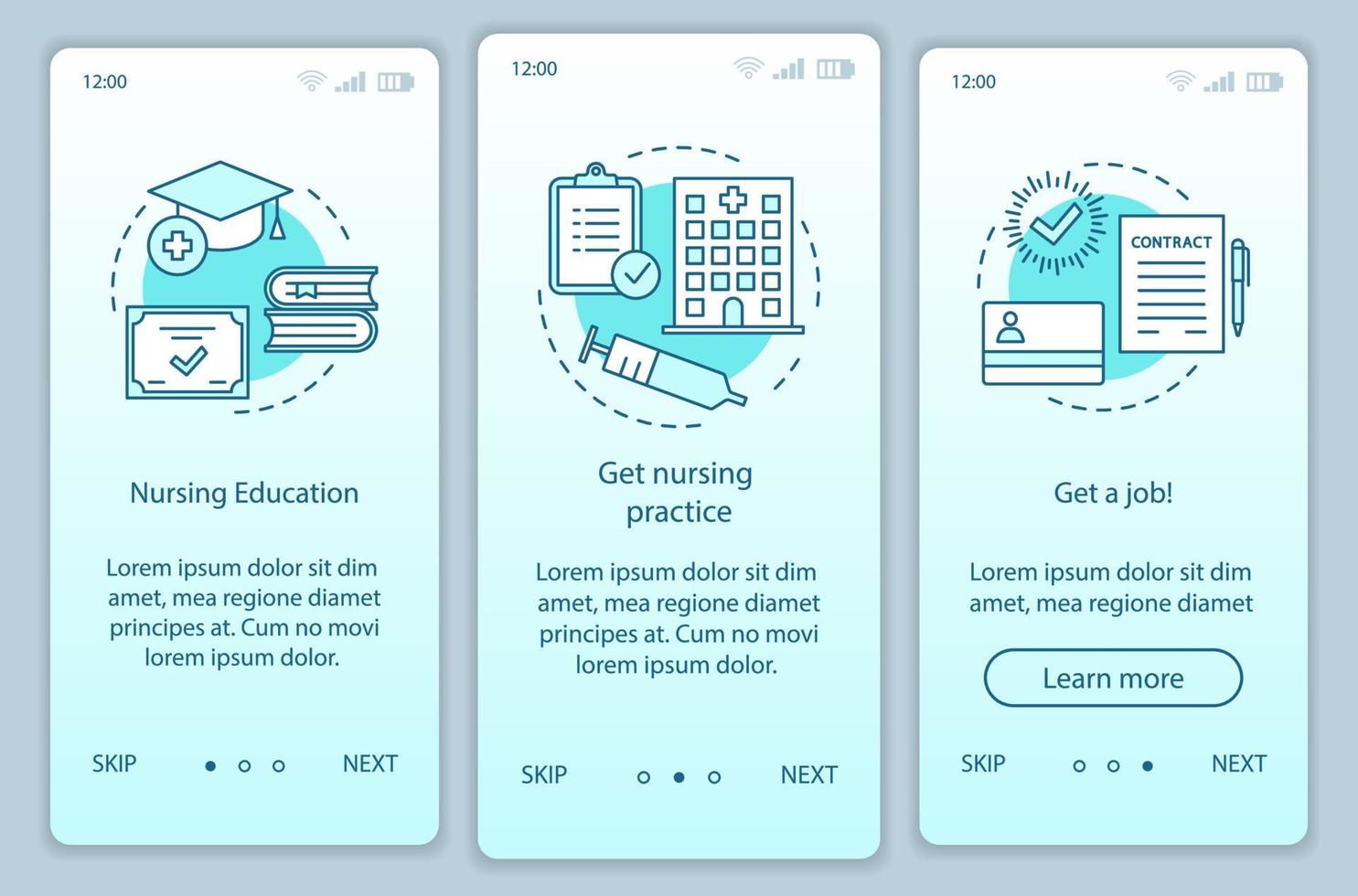 modèle de vecteur d'écran de page d'application mobile d'intégration de formation en soins infirmiers. devenir soignant pas à pas étapes du site Web avec des illustrations linéaires. soignant, métier d'infirmier. ux, ui, interface graphique pour smartphone