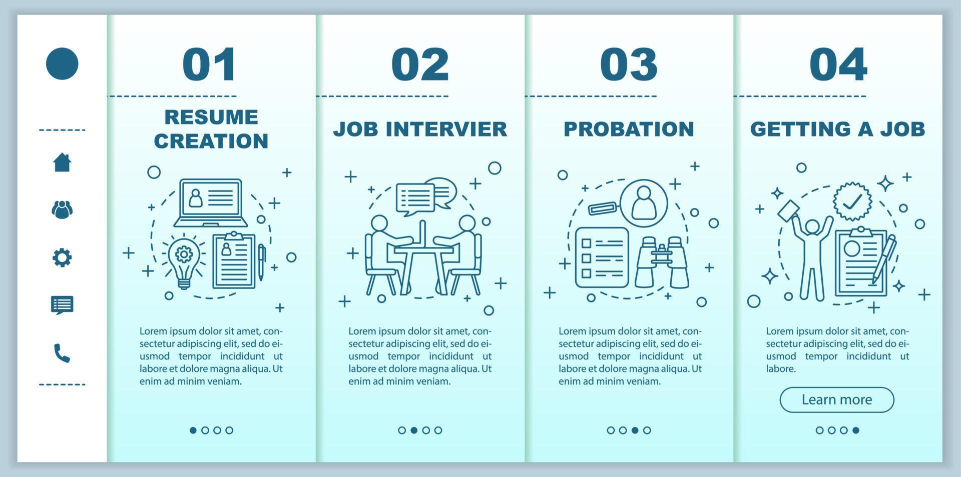 modèle de vecteur d'écran de page d'application mobile d'intégration de recherche d'emploi. création de CV. probation. étapes du site Web de la procédure pas à pas de recrutement avec des illustrations linéaires. concept d'interface de smartphone ux, ui, gui