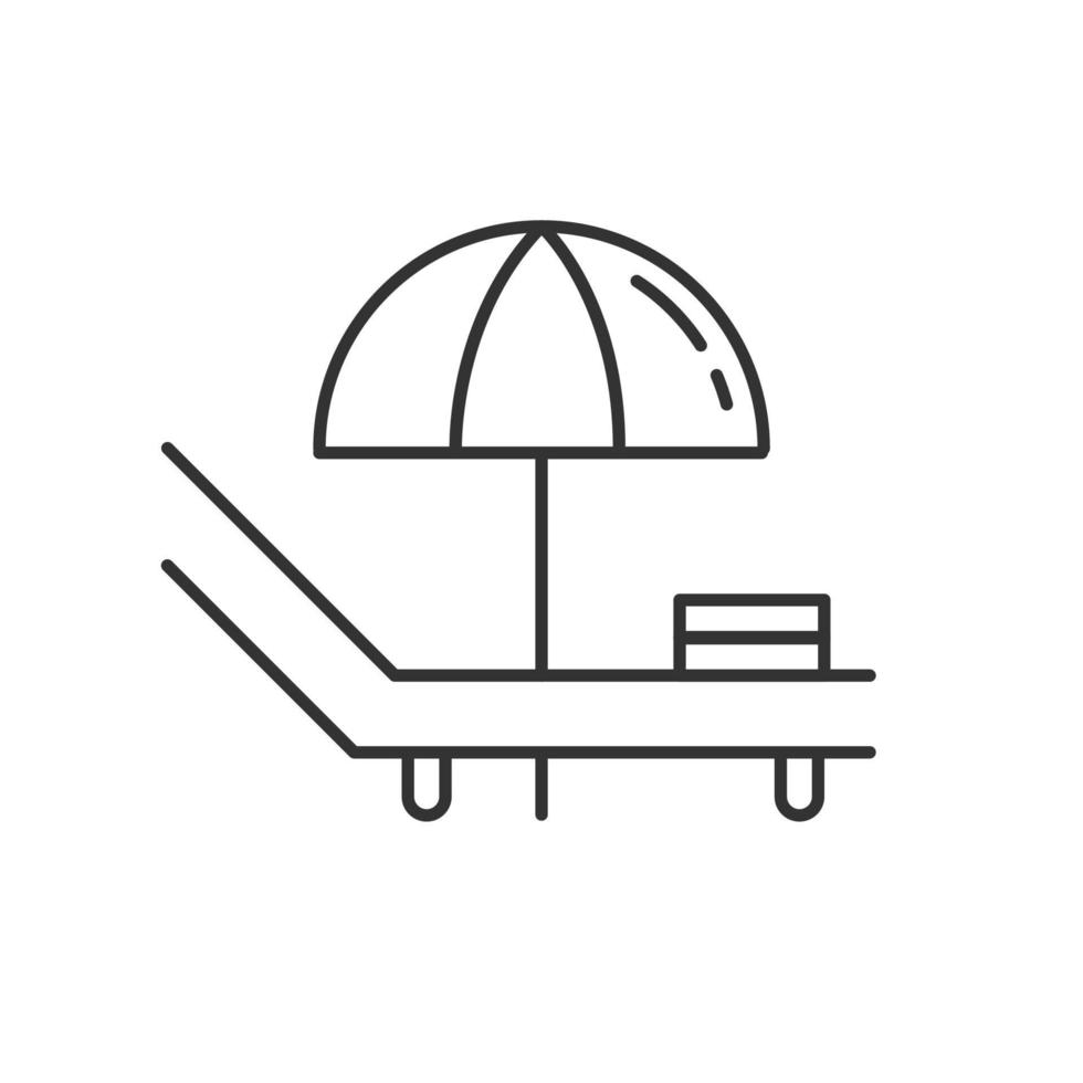 icône linéaire de chaise longue. meubles de repos de plage, de côte de mer. chaise longue, transat avec parasol. solarium pour se détendre. symboles de contour de ligne mince. illustration de contour de vecteur isolé. trait modifiable