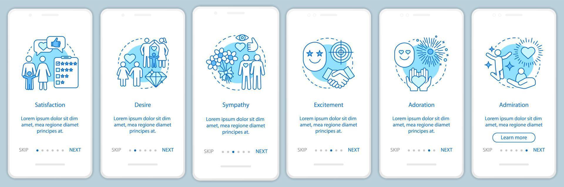 sentiment de relation modèle de vecteur d'écran de page d'application mobile d'intégration. satisfaction, désir, adoration. étapes du site Web pas à pas avec des illustrations linéaires. concept d'interface de smartphone ux, ui, gui