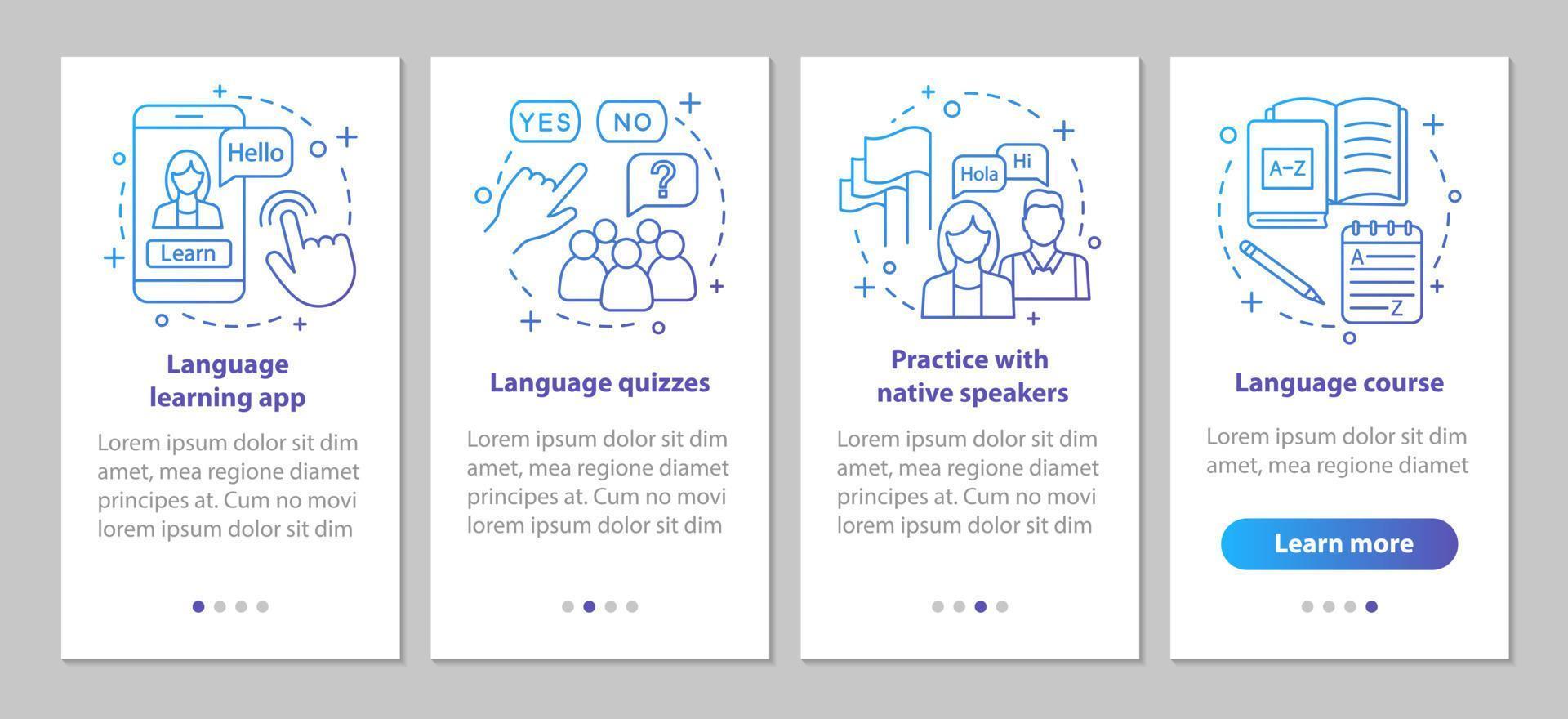 modèle de vecteur d'écran de page d'application mobile d'apprentissage des langues étrangères. leçons avec locuteur natif, quiz de langue, cours. étapes du site Web pas à pas. concept d'interface de smartphone ux, ui, gui