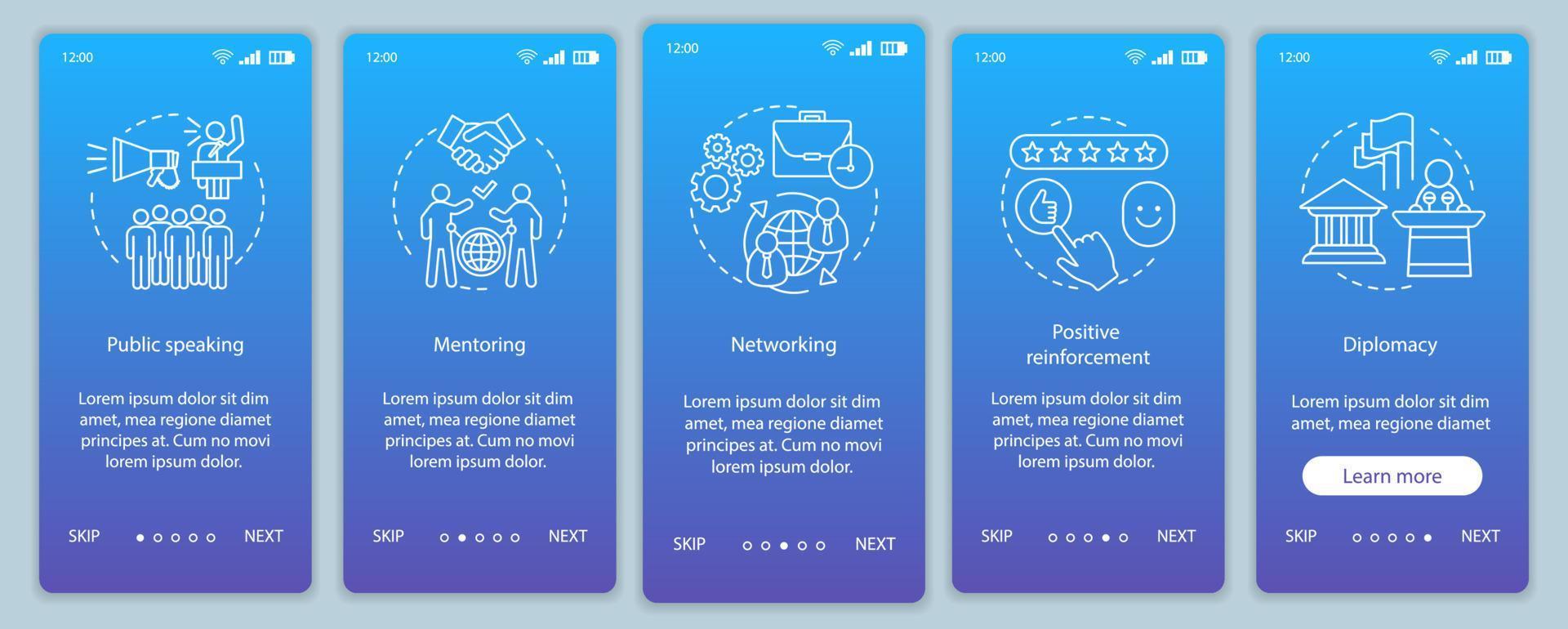 modèle de vecteur d'écran de page d'application mobile d'intégration des compétences de communication. prise de parole en public, mentorat, diplomatie. Étapes du site Web de la visite guidée des capacités des employés. concept d'interface de smartphone ux, ui, gui