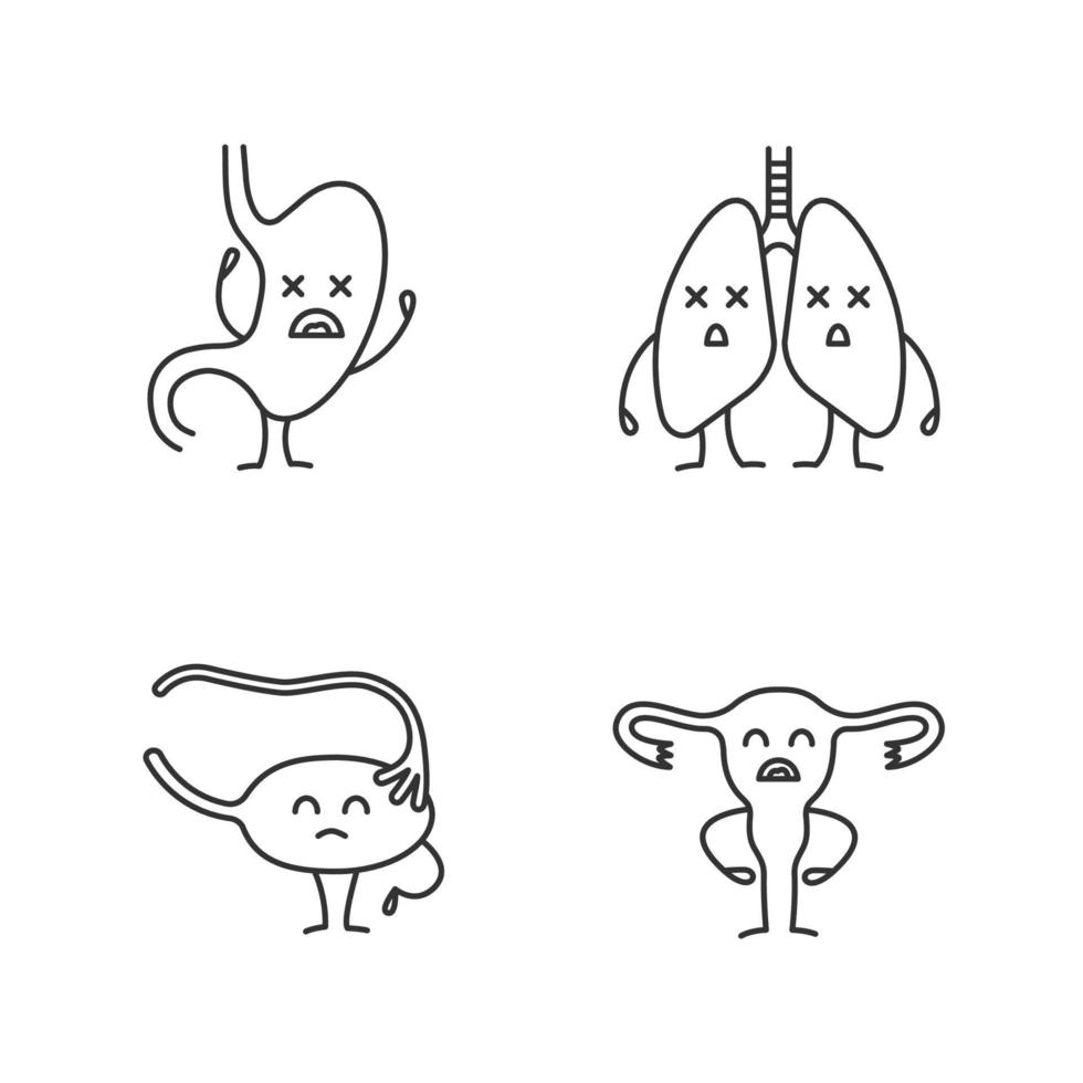 ensemble d'icônes linéaires de personnages d'organes internes humains tristes. symboles de contour de ligne mince. malheureux estomac, poumons, ovaire, trompe de Fallope, utérus. illustrations vectorielles isolées. trait modifiable vecteur