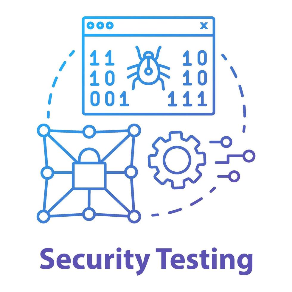 icône de concept de test de sécurité. illustration de la ligne mince de l'idée de l'étape de développement logiciel. assurance de la sécurité. programmation d'applications. la protection de la vie privée. dessin de contour isolé de vecteur