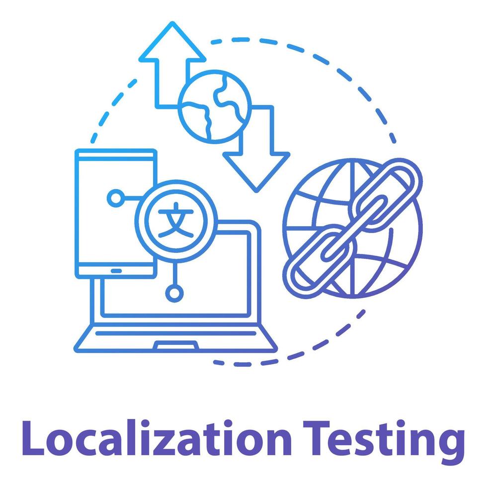 icône de concept de test de localisation. illustration de la ligne mince de l'idée de l'étape de développement logiciel. programmation d'applications, gestion de projets informatiques. personnalisation de l'application. dessin de contour isolé de vecteur