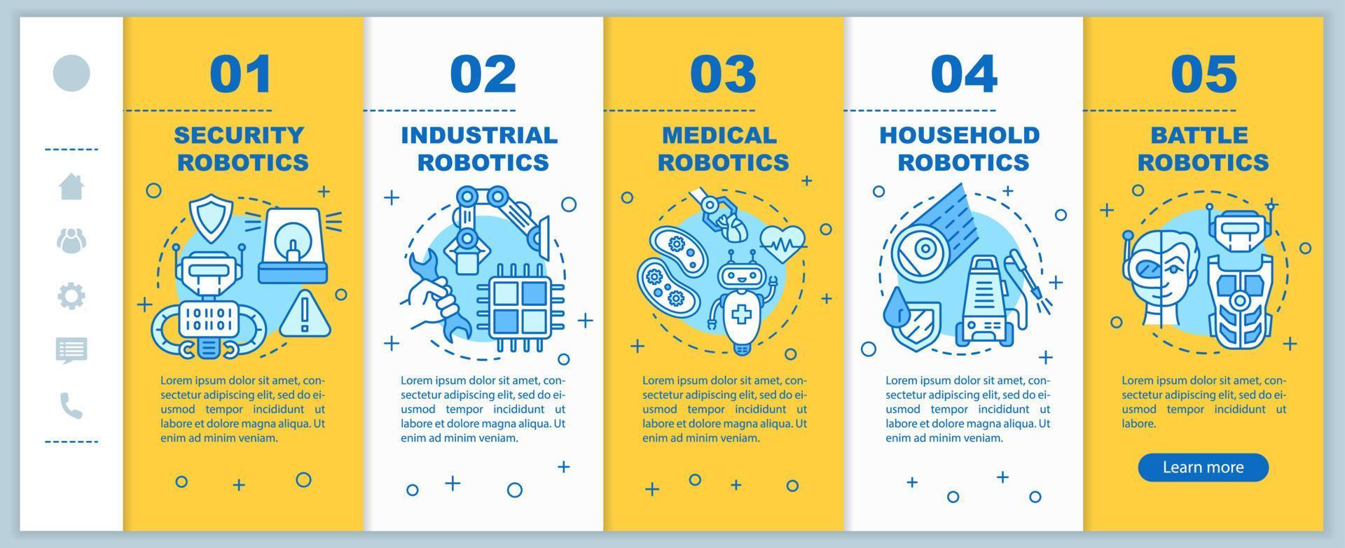 types de modèle de vecteur de pages Web mobiles d'intégration de robotique. cybernétique. idée d'interface de site Web de smartphone réactif avec des illustrations linéaires. écrans pas à pas de la page Web. notion de couleur