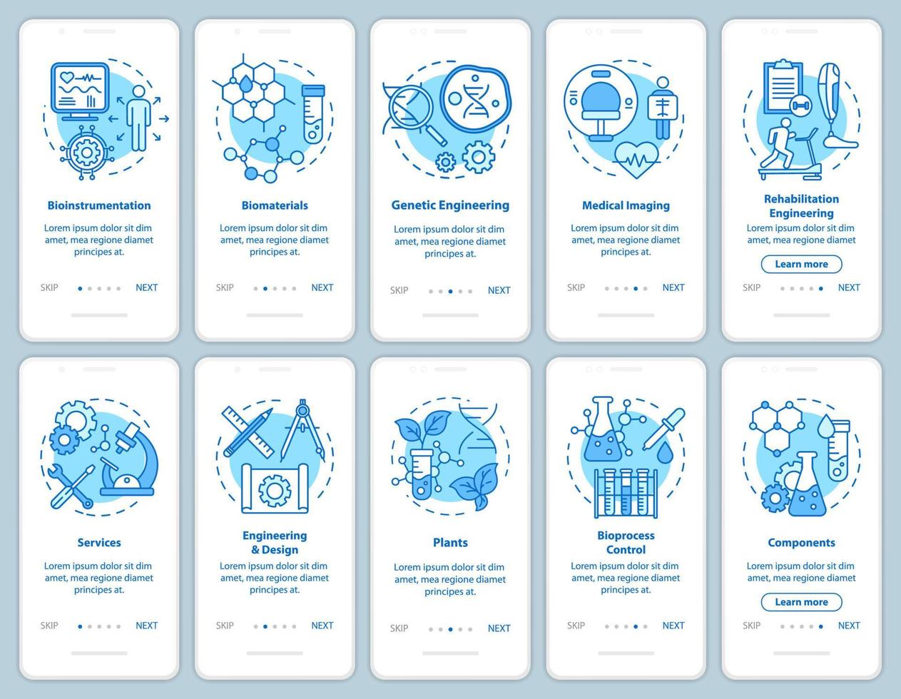 écran de page d'application mobile d'intégration de bioingénierie avec des concepts linéaires. imagerie médicale, services. dix instructions graphiques pas à pas. biomatériaux. ux, ui, modèle vectoriel gui, illustrations