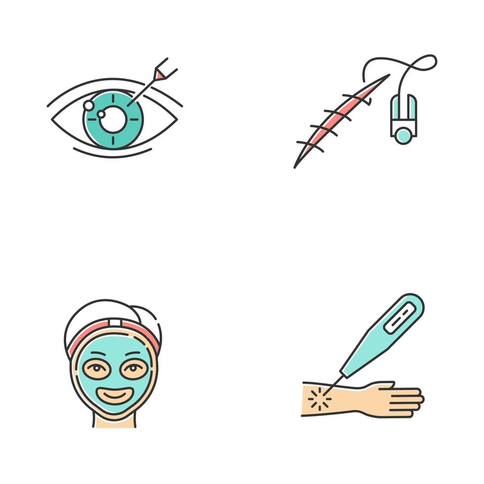 ensemble d'icônes de couleur de procédures médicales. correction de la vue. trouble de la vue. couture plaie ouverte. cosmétologie. thérapie au laser sur le bras. soin du visage spa. soins de santé. illustrations vectorielles isolées vecteur