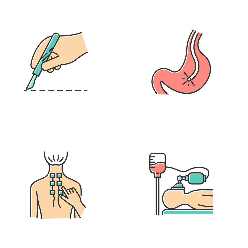 ensemble d'icônes de couleur de procédures médicales. opération. endoscopie et gastroscopie. tube digestif, vérification de l'estomac. physiothérapie. soulagement des maux de dos. anesthésie. aide clinique. illustrations vectorielles isolées vecteur