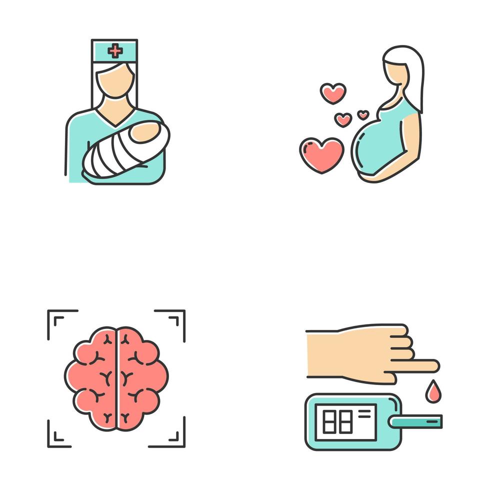 ensemble d'icônes de couleur de procédures médicales. pédiatrie et soins de grossesse. scanner cérébral. test sanguin. aide à la santé. maternité, parentalité. infirmière avec bébé. neuroimagerie, irm. illustrations vectorielles isolées vecteur