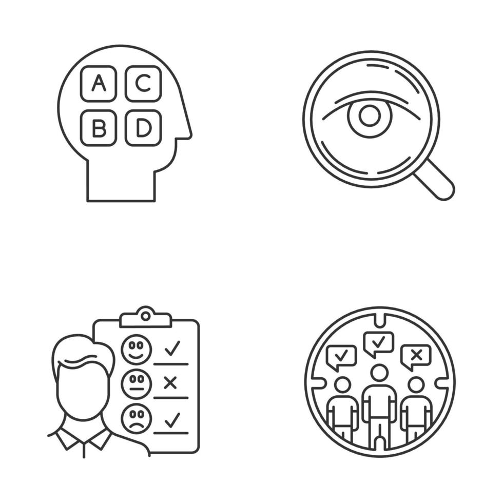 ensemble d'icônes linéaires de méthodes d'enquête. Analyse. entrevue. population cible. opinion publique. test de personnalité. passer en revue. symboles de contour de ligne mince. illustrations vectorielles isolées. trait modifiable vecteur