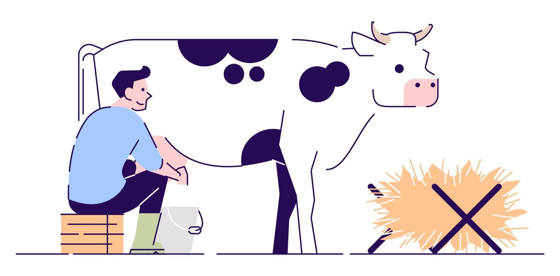 fermier traire le caractère vectoriel plat de la vache. l'élevage, l'élevage bovin et l'élevage. concept de dessin animé de ferme laitière avec contour. homme rural travaillant dans une étable illustration isolée sur blanc