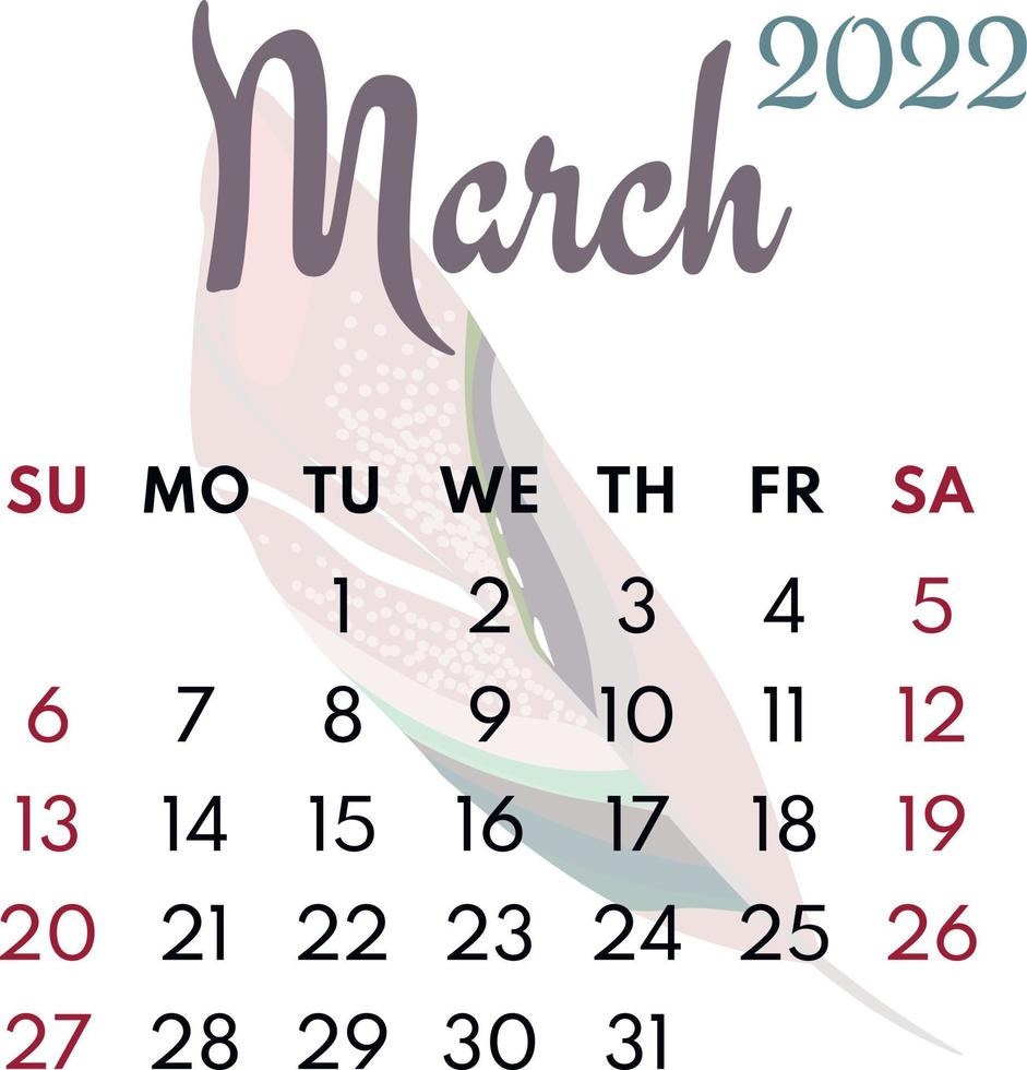calendrier mois mars 2022 vecteur