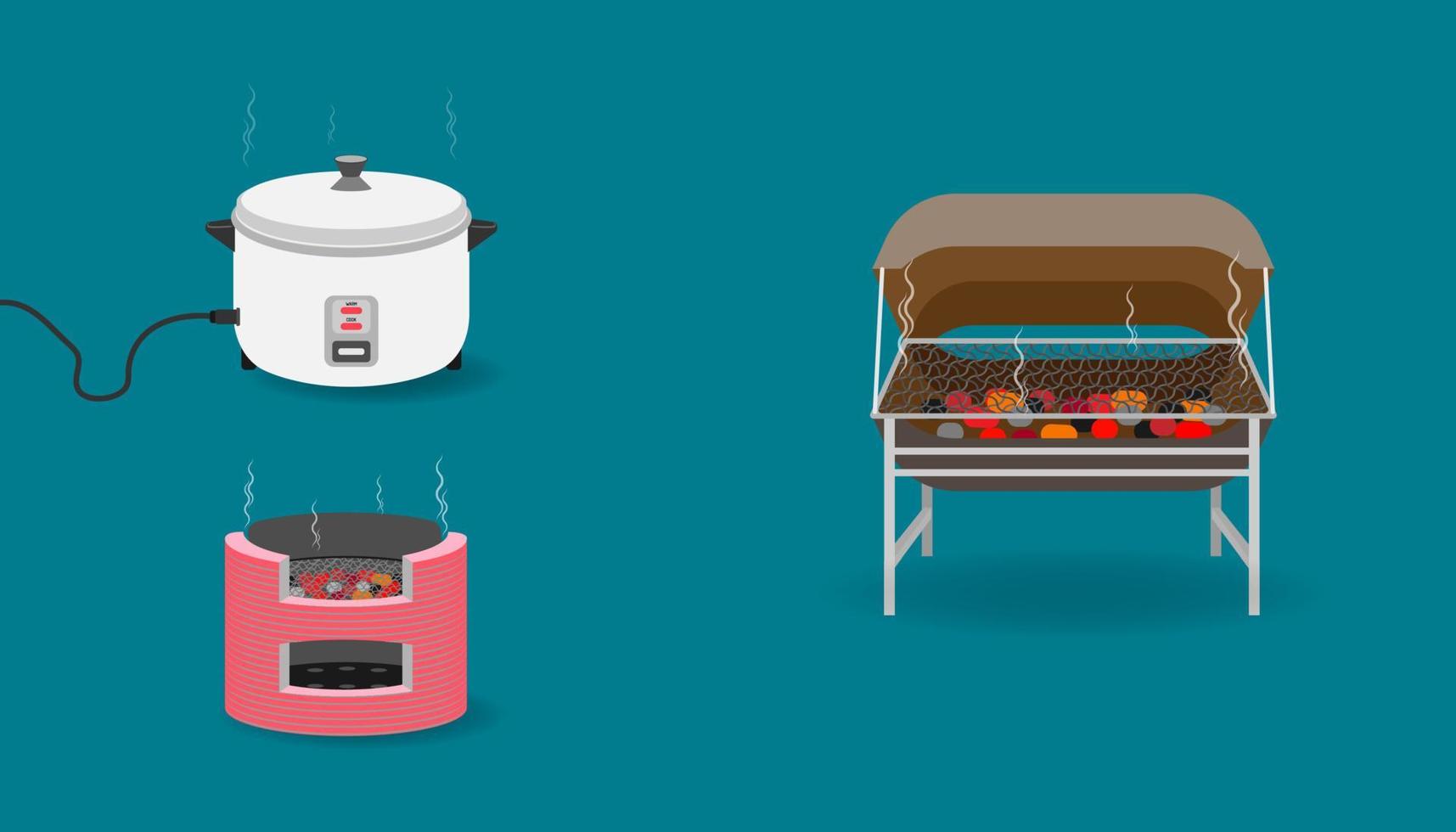 ensemble d'équipements de cuisine avec réservoir grille-pain cuiseur à riz au charbon de bois. illustration vectorielle eps10 vecteur