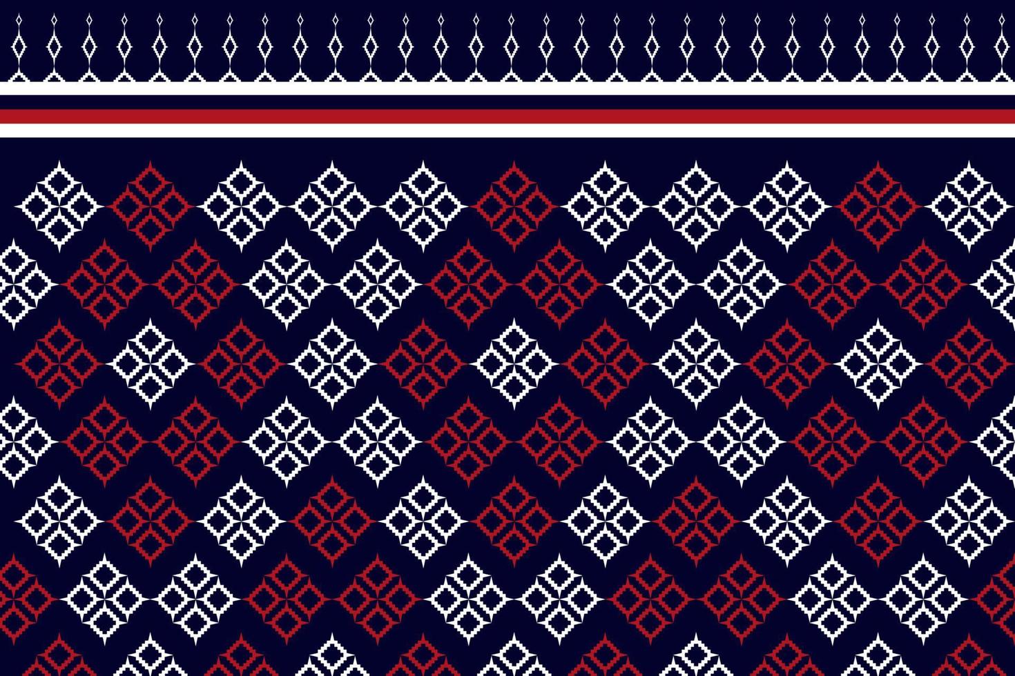 motif frabic sur fond bleu foncé avec rouge et blanc et fleur. conception ethnique traditionnelle pour les vêtements et le fond textile, le tapis ou le papier peint vecteur